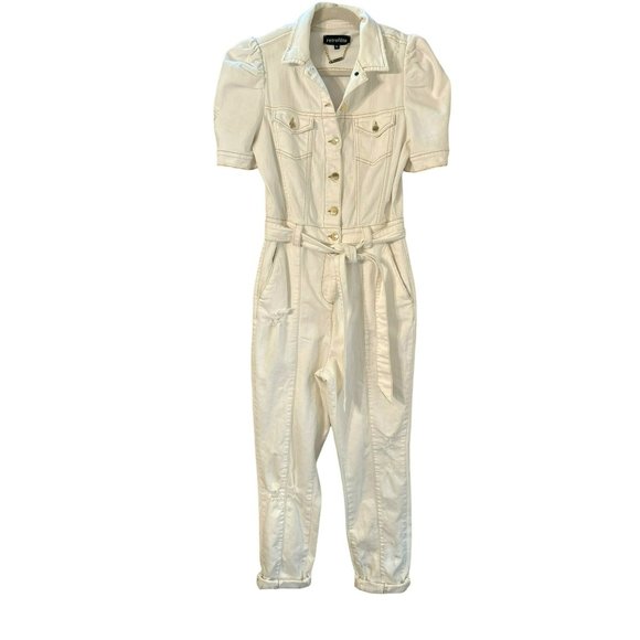 Retrofete Women's White Denim Tori Jumpsuit Medium Revolve Belted Distressed